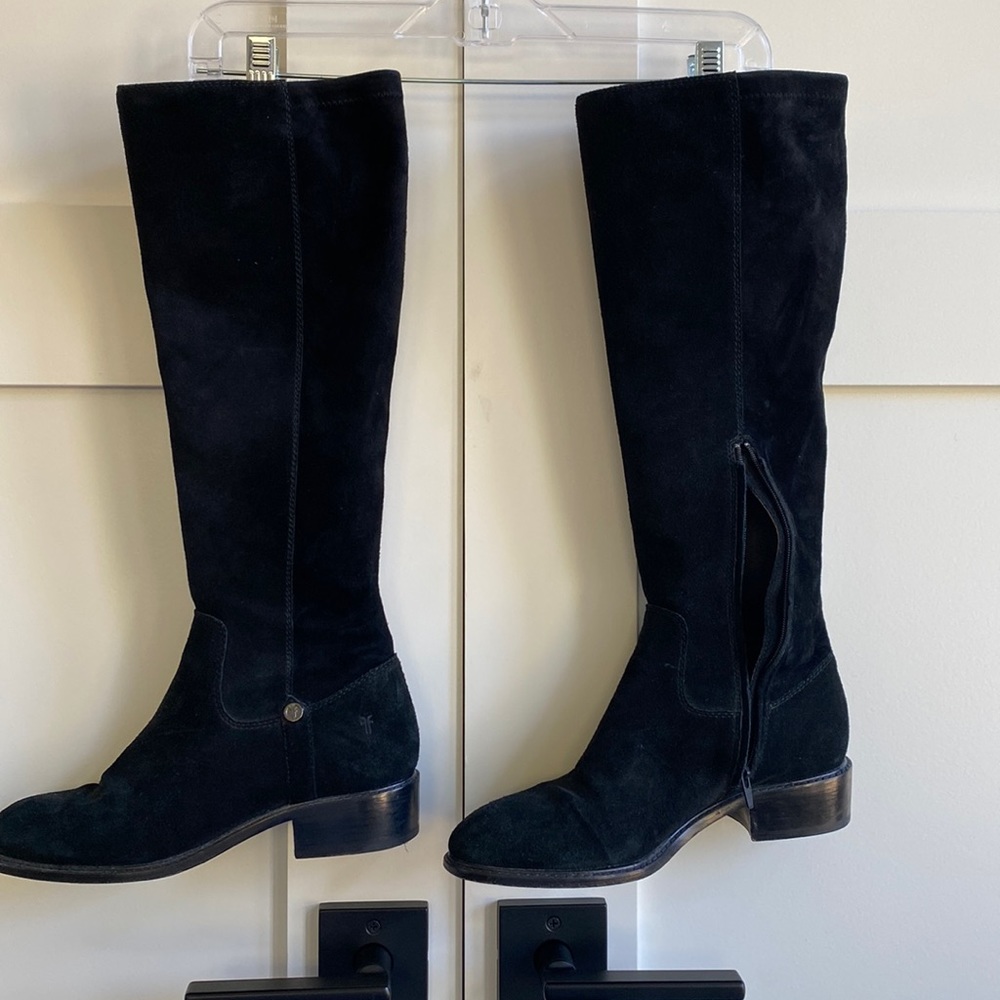 Frye suede black high pull on boots.